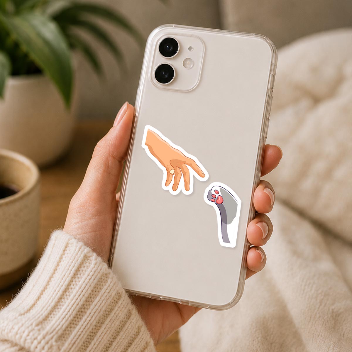 Human And Cat Paw Touch Sticker
