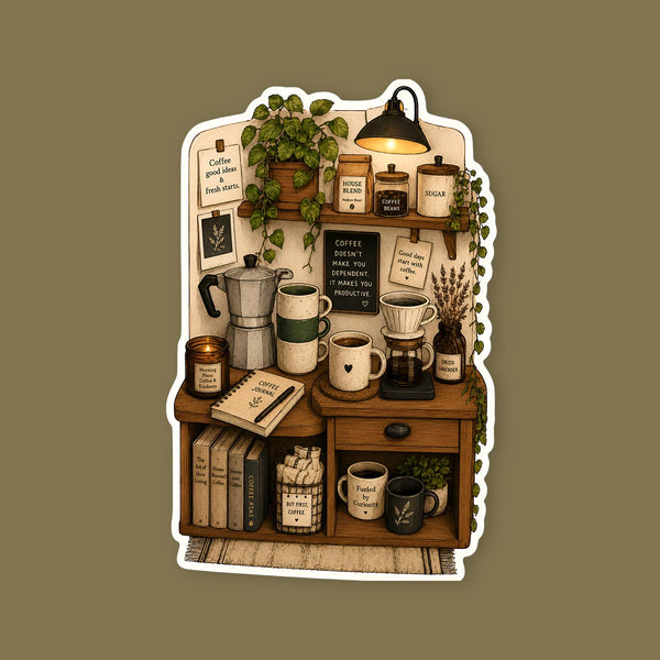 Illustration of a coffee-themed shelf with books, cups, and plants on a beige background