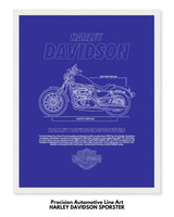 Harley Davidson Sportster poster with technical drawing on a blue background