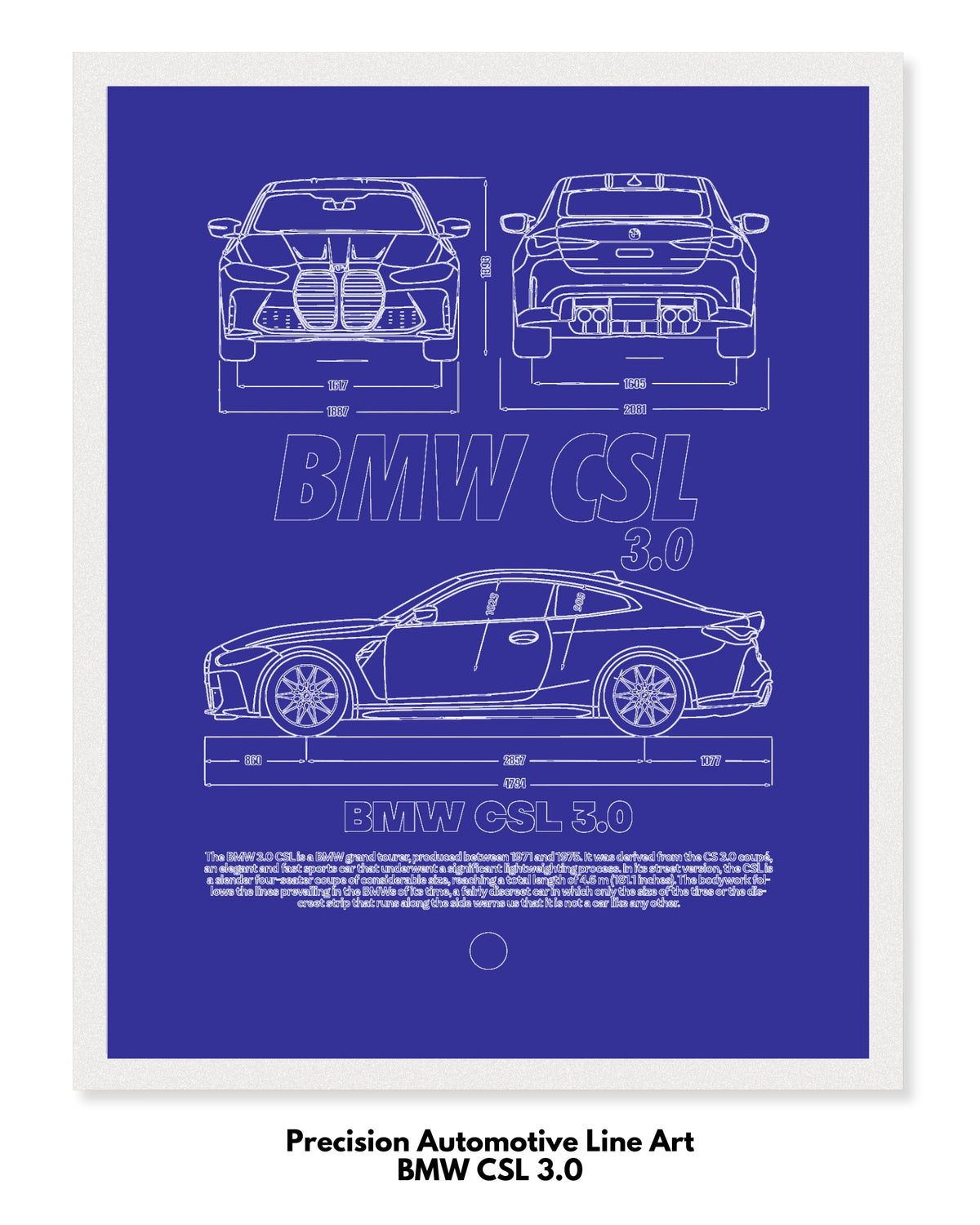 BMW CSL 3.0 Blueprint Line Art Poster