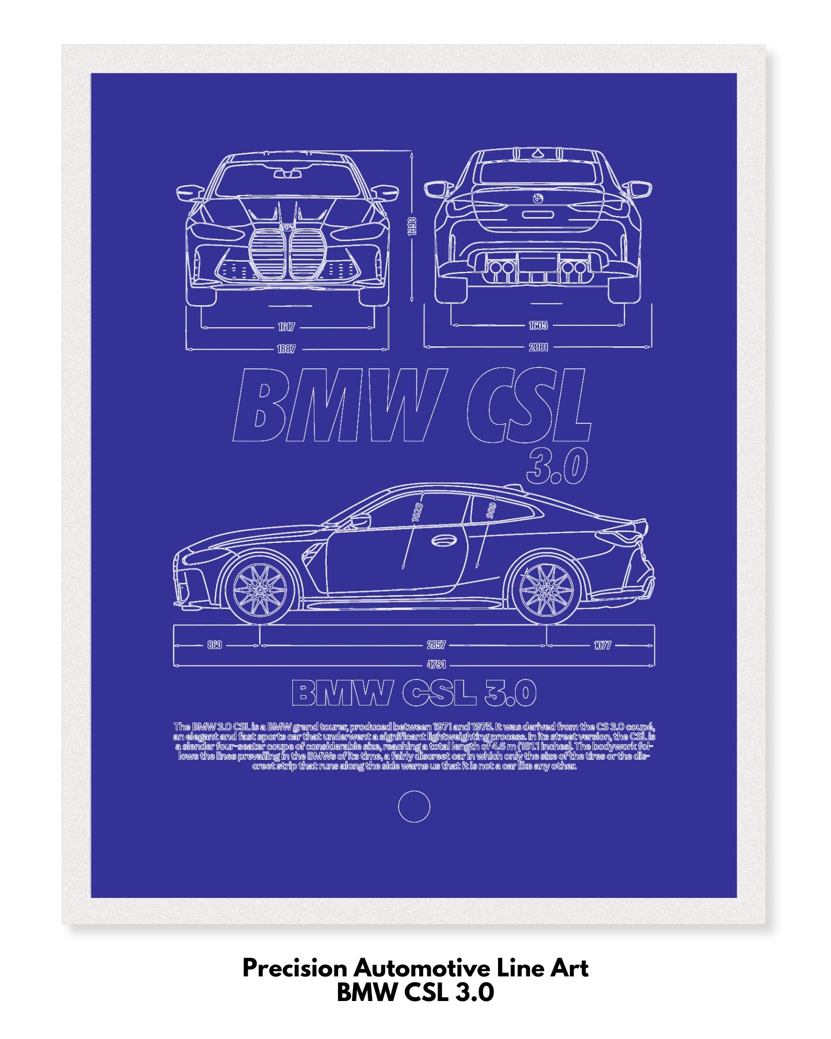 BMW CSL 3.0 Blueprint Line Art Poster