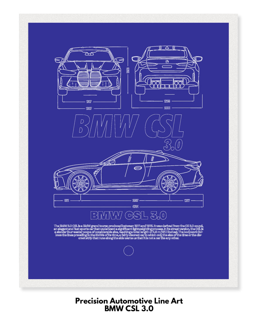 BMW CSL 3.0 Blueprint Line Art Poster