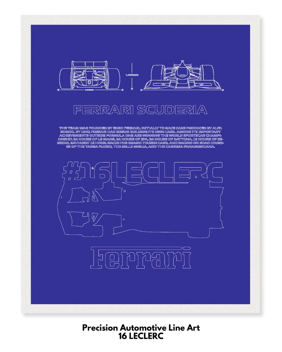 F1 - 16 Leclerc Blueprint Line Art Poster