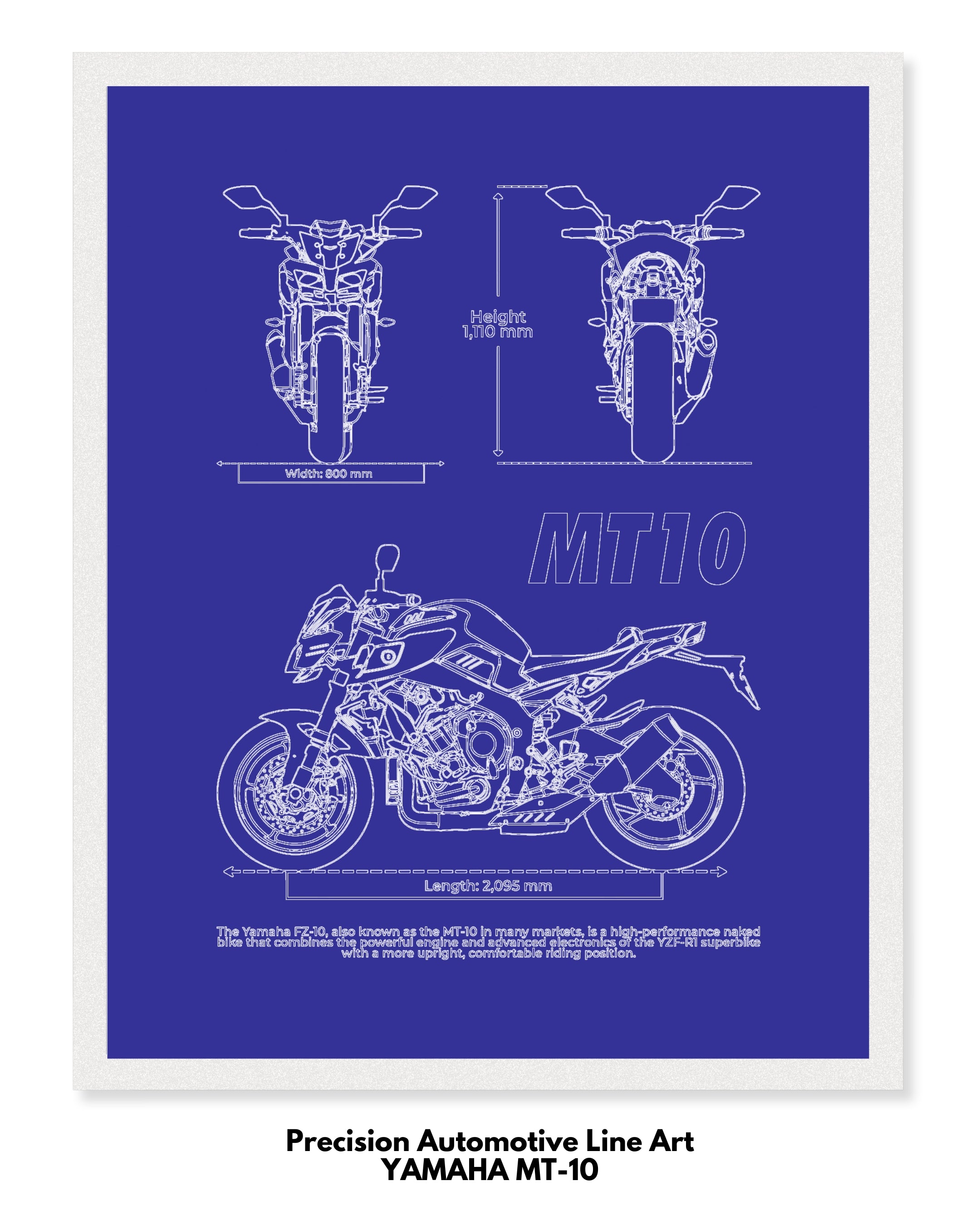 Yamaha MT-10 Blueprint Line Art Poster - Bike Poster