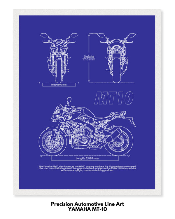 Yamaha MT-10 Blueprint Line Art Poster - Bike Poster