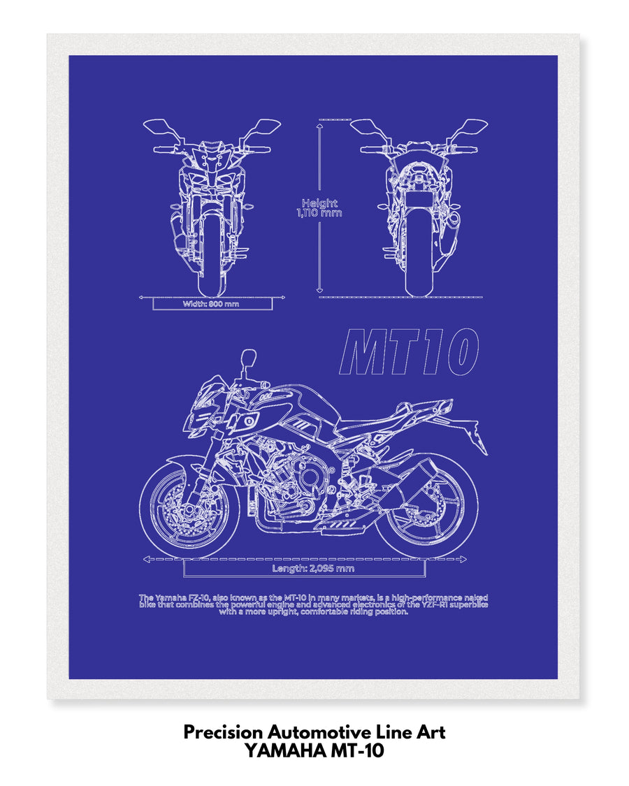 Yamaha MT-10 Blueprint Line Art Poster - Bike Poster