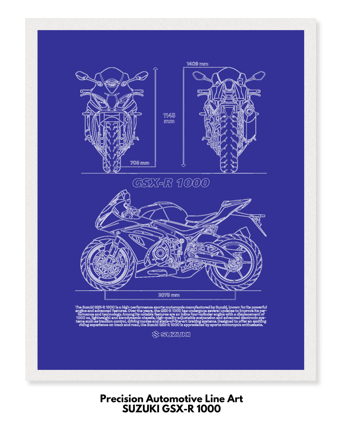 Suzuki GSX R1000 Blueprint Line Art Poster - Bike Poster
