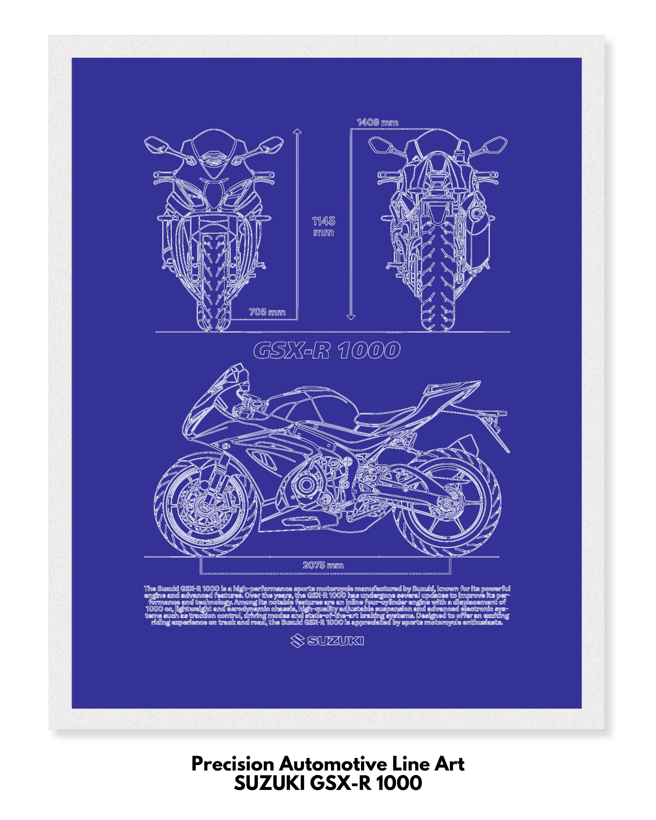 Suzuki GSX R1000 Blueprint Line Art Poster - Bike Poster