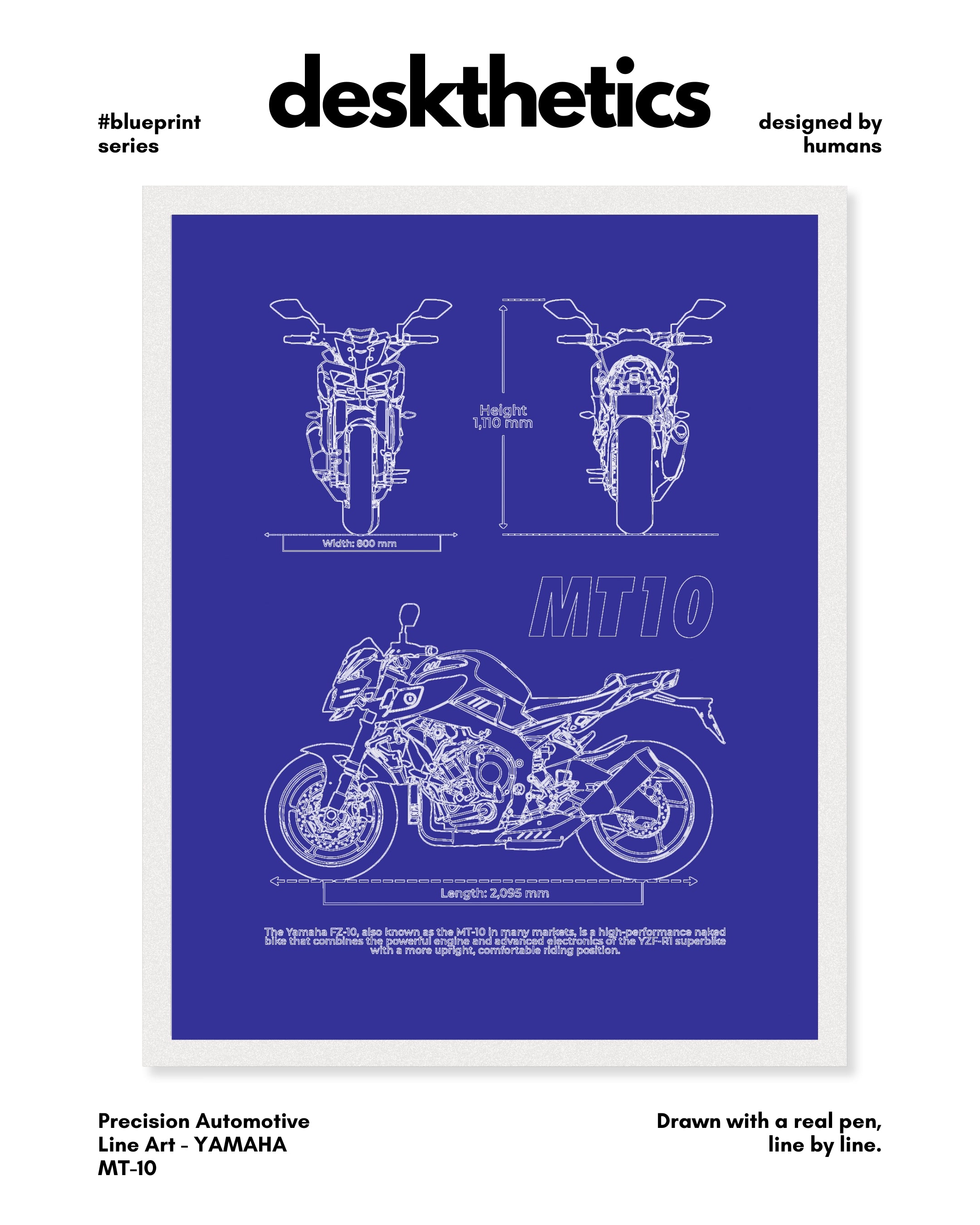 Yamaha MT-10 Blueprint Line Art Poster - Bike Poster