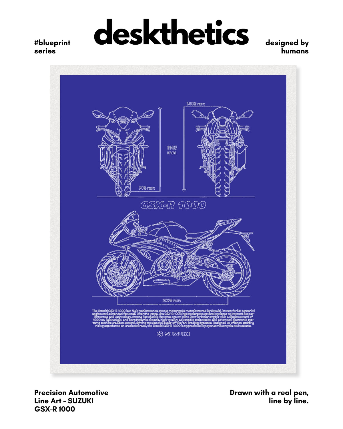 Suzuki GSX R1000 Blueprint Line Art Poster - Bike Poster