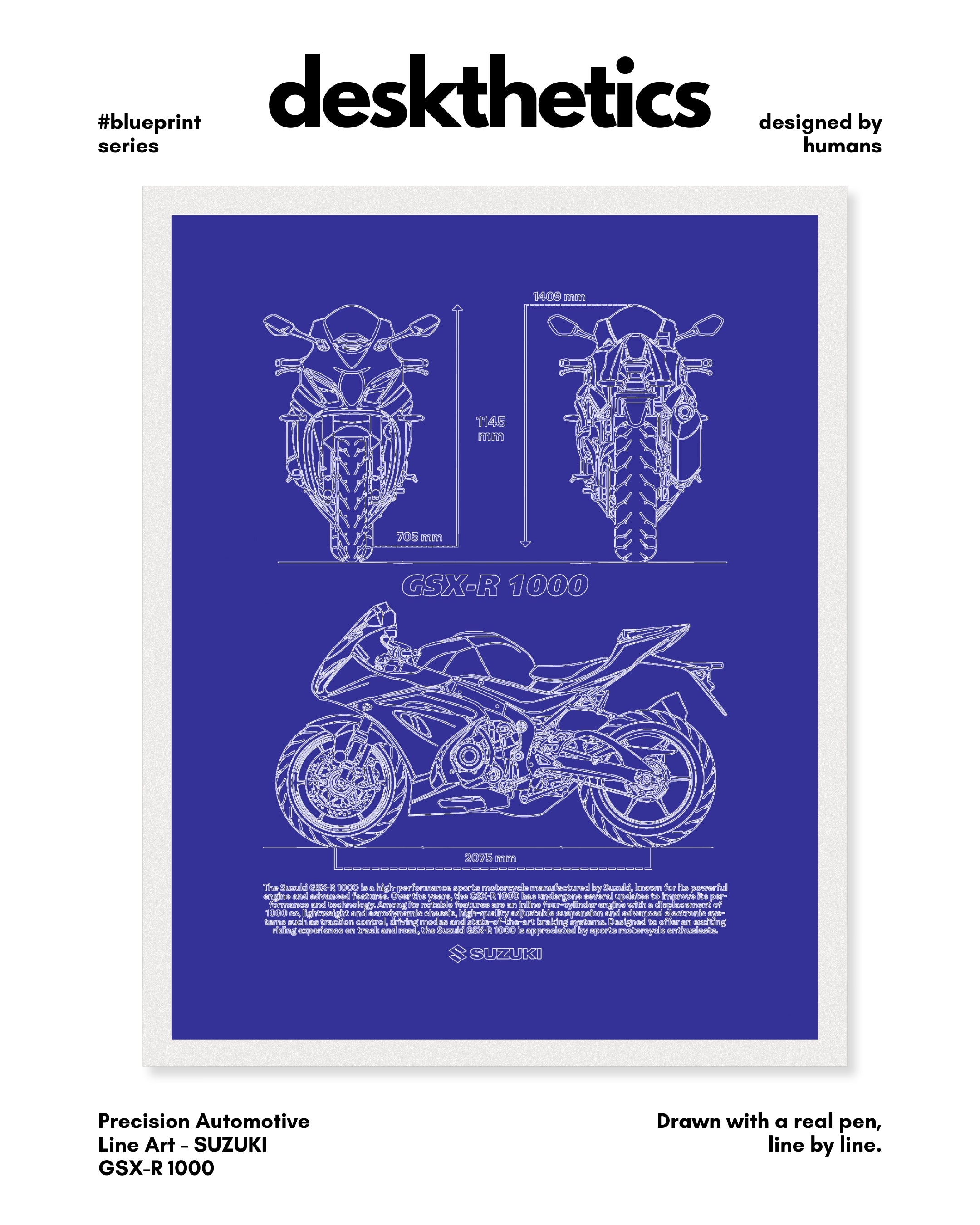 Suzuki GSX R1000 Blueprint Line Art Poster - Bike Poster
