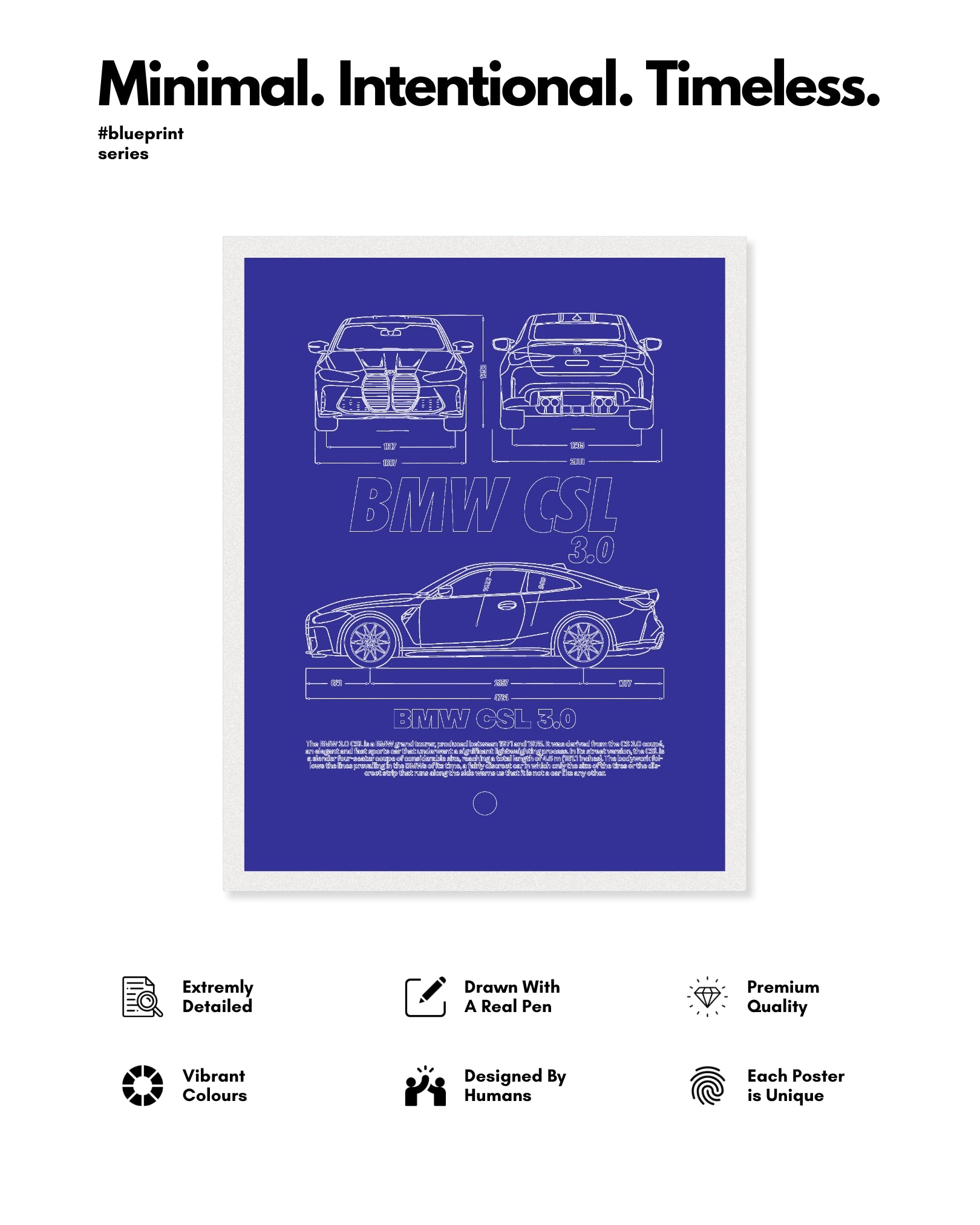 BMW CSL 3.0 Blueprint Line Art Poster