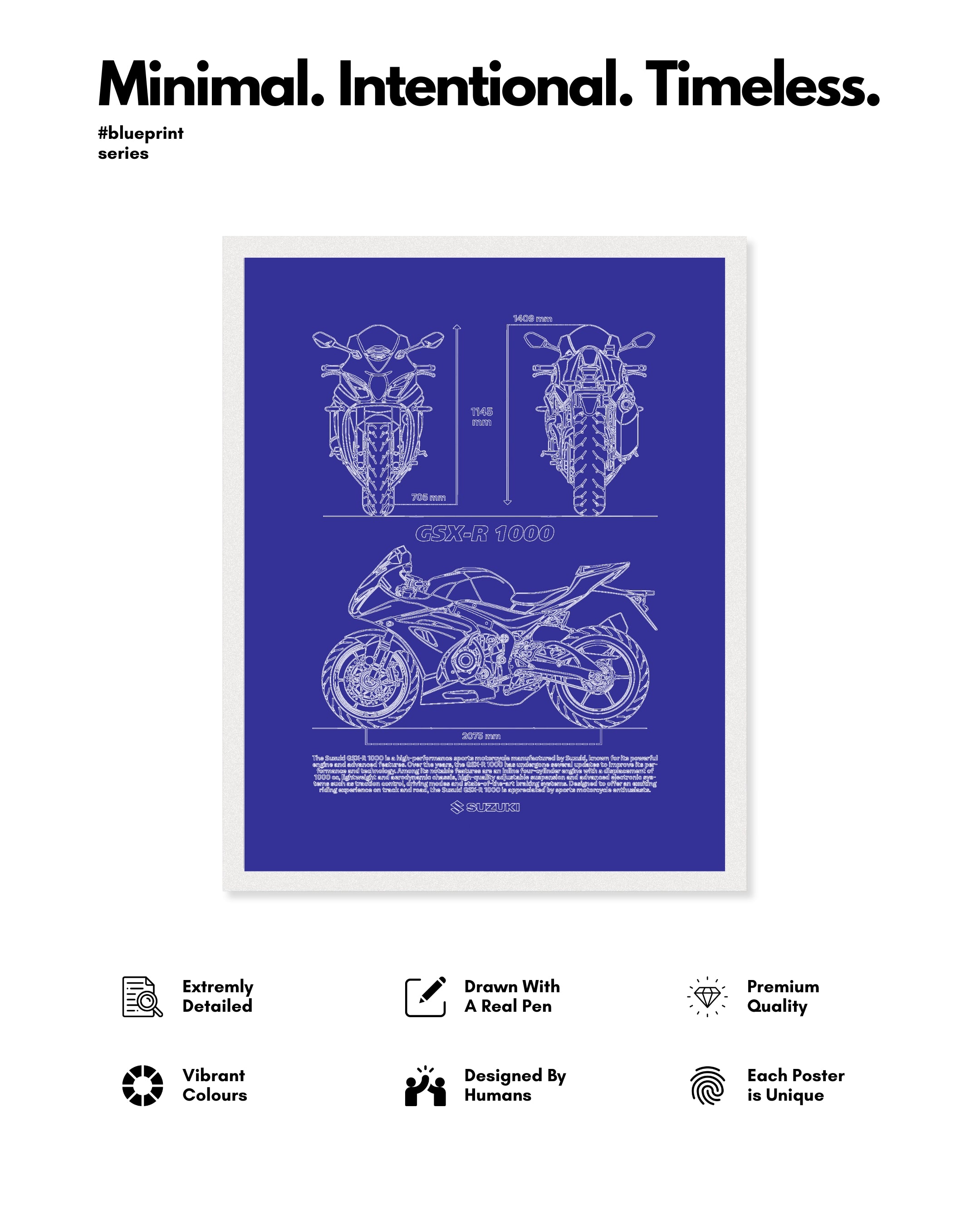 Suzuki GSX R1000 Blueprint Line Art Poster - Bike Poster