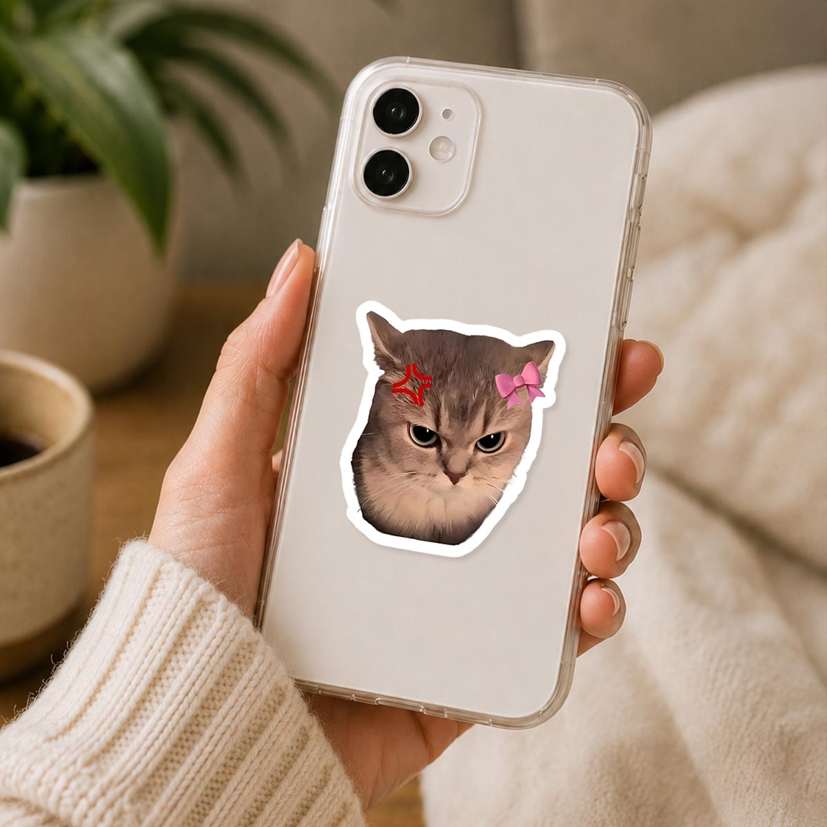 Angry Cat Pink Bow Sticker