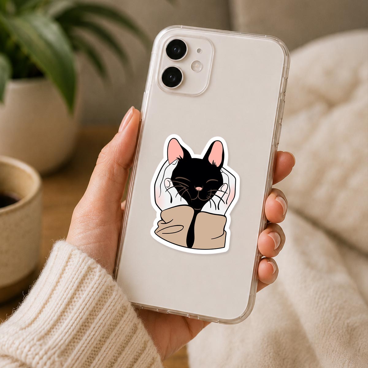 Black Kitten In Human Palms Sticker