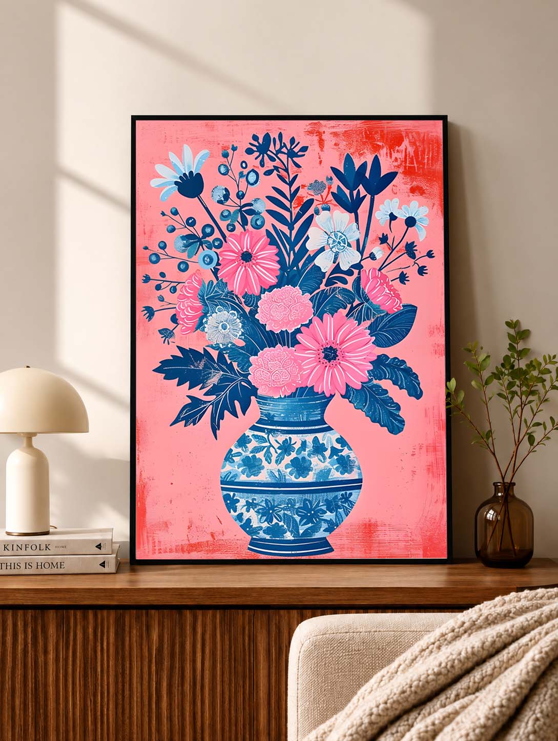Blue Floral Vase Pink Background Poster