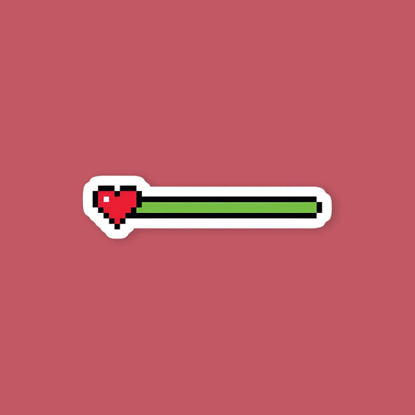 Pixelated heart icon with a green bar on a pink background