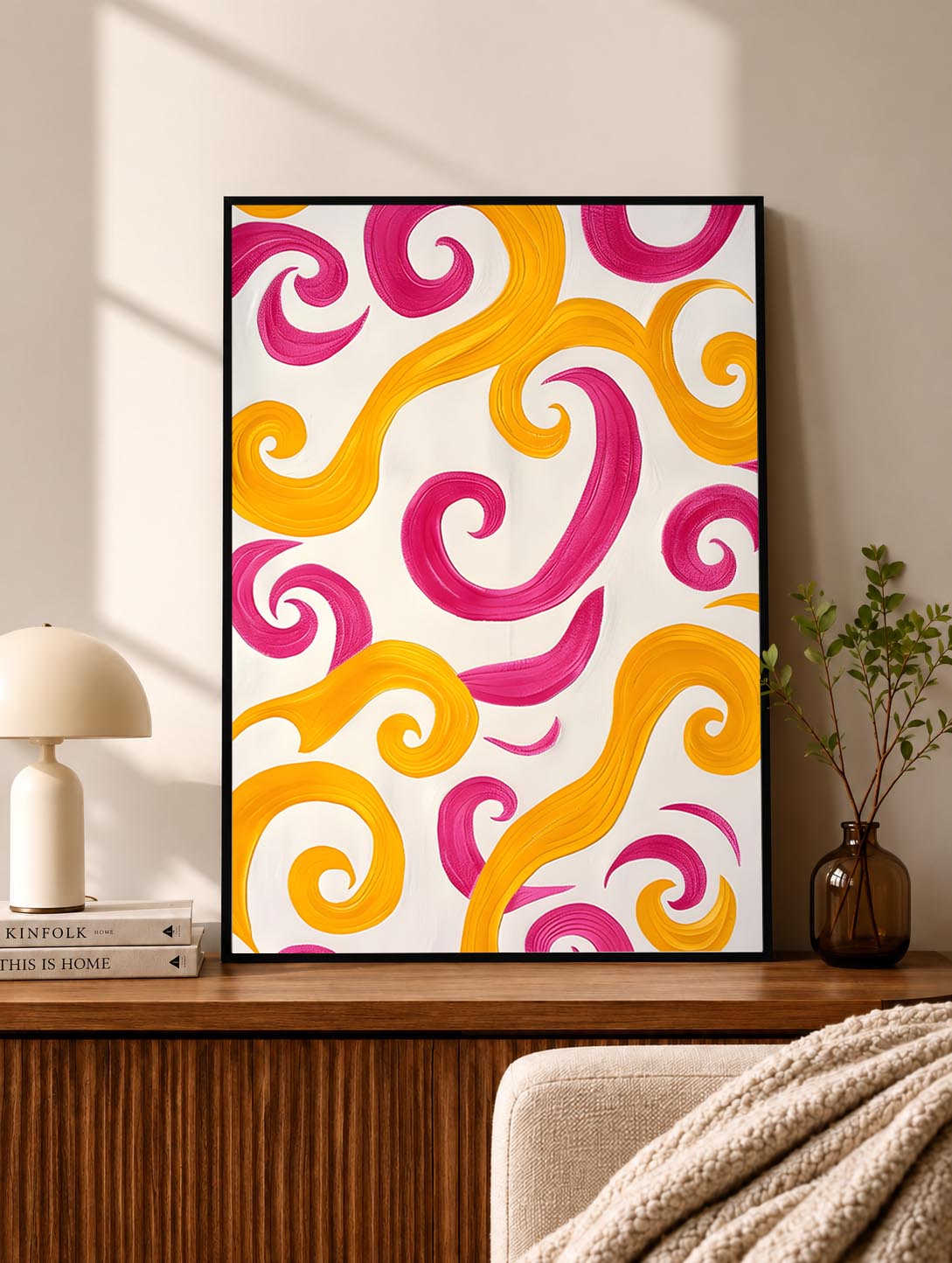 Pink Orange Curled Shapes Abstract Poster