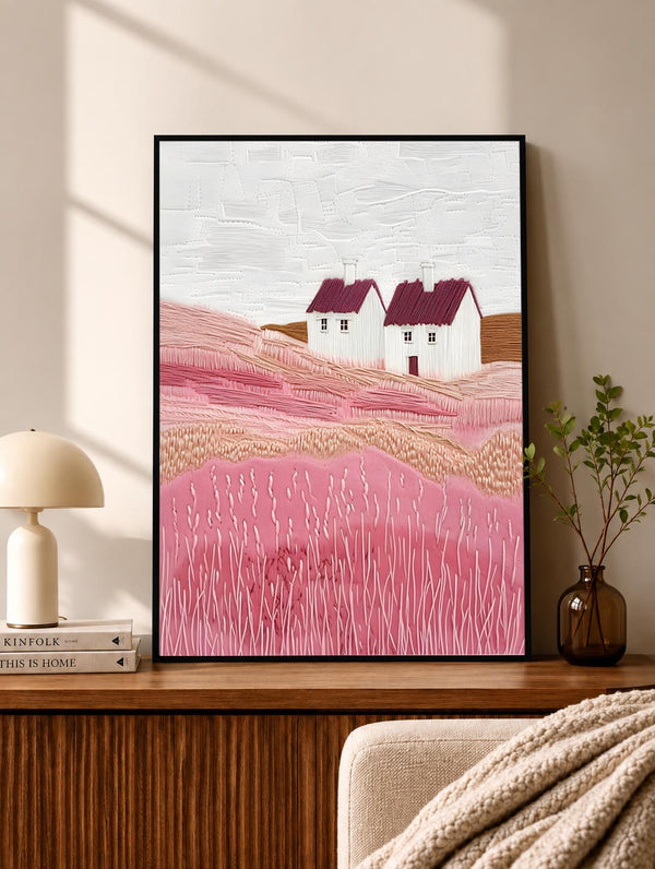 Pink Rolling Hills Cottage Landscape Poster