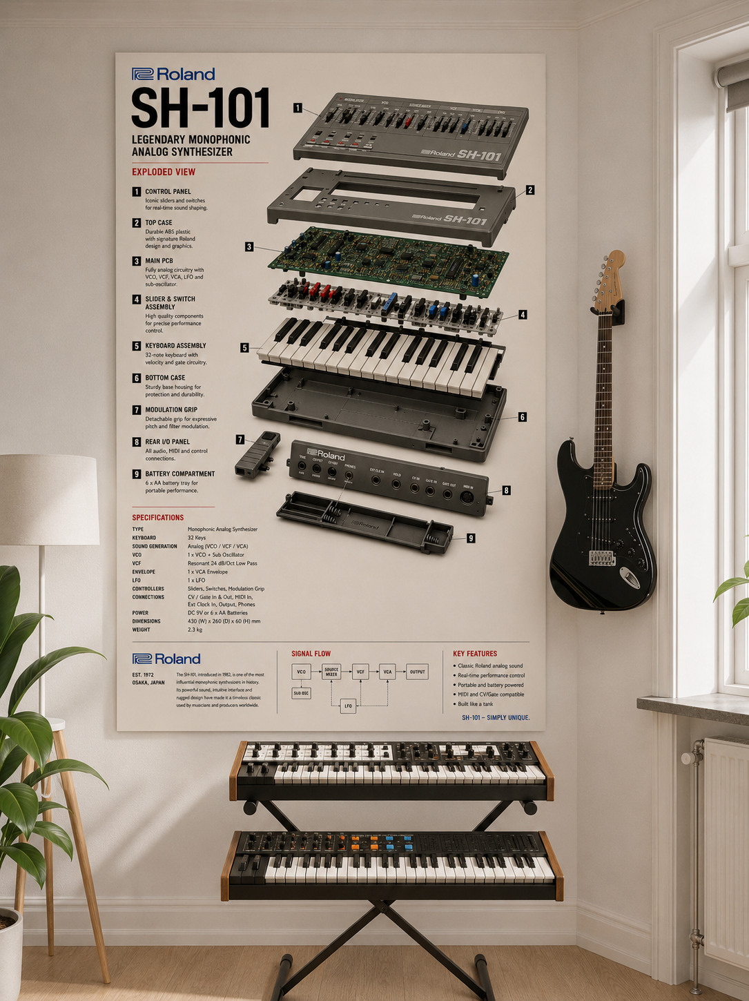 Roland SH-101 Wall Art Poster - Synthesizer Poster, Music Studio Wall Decor, Gift for Music Producer