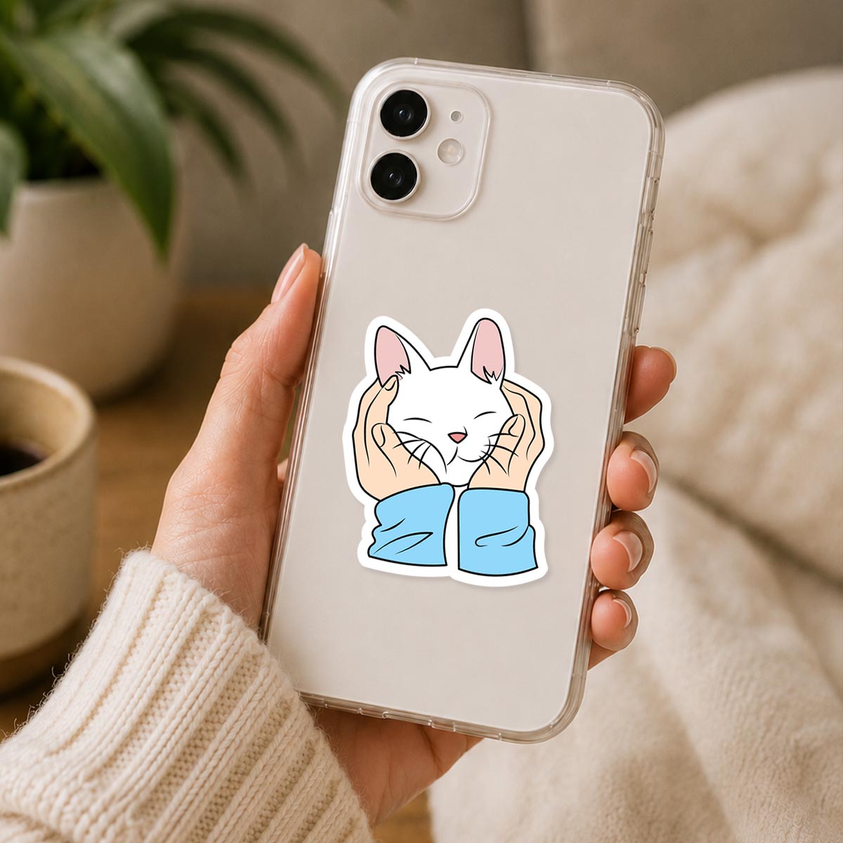 White Cat Hugs Sticker